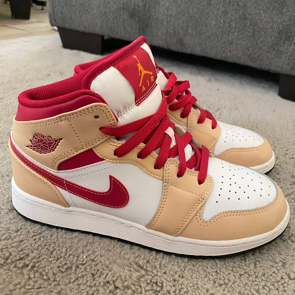 New Nike Air Jordan 1 Mid Light  Curry Cardinal Red Sneakers